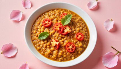 Delicious lentil dal garnished for Valentine's Day, warm romance