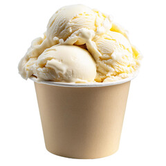 vanilla ice cream scoops in paper cup on white background