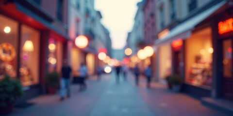 Obraz premium Evening Stroll Through a Blurred Cityscape of Shops and People
