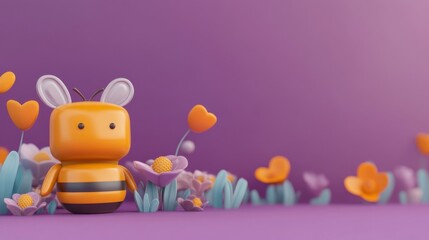 Fototapeta premium A cheerful cartoon bee figure amidst colorful flowers on a purple background, showcasing a playful and vibrant design.