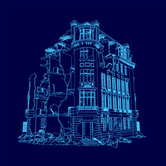 Blue drawing of a building with a lot of windows. The building is in ruins and has a lot of damage