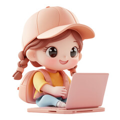 3d icon girl with a online laptop, ideal for technology, education, and childhood projects, with a transparent background