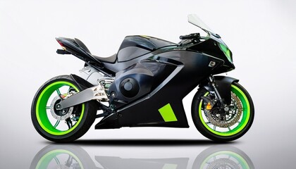 A sleek black sport bike with neon green accents parked at an angle, highlighting its aerodynamic design on a white background.