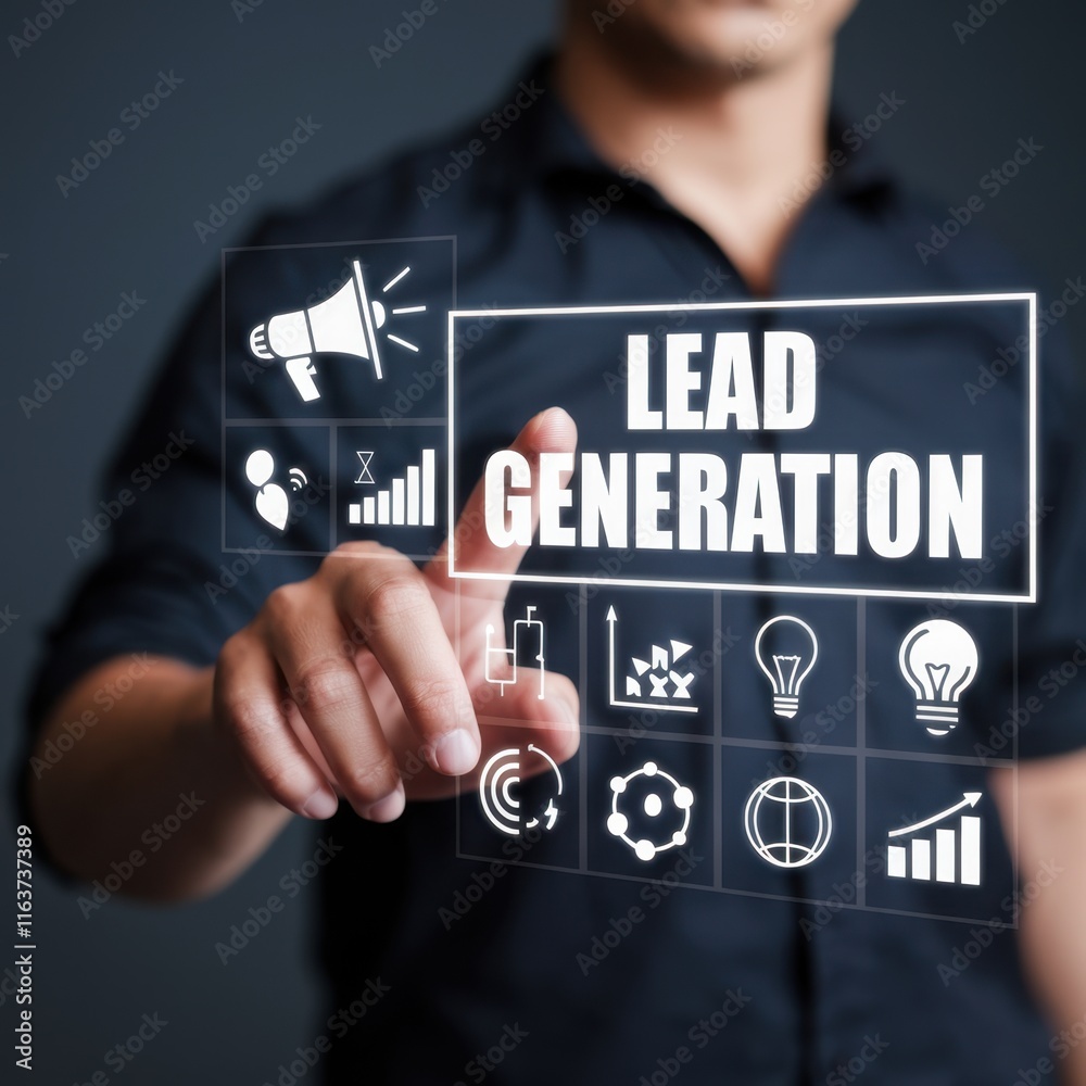 Poster Comprehensive Lead Generation Concept Illustrating the Process of Finding and Identifying Customers for Business Products or Services Effectively