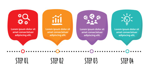 4 steps infographic template with 4 options. Flowchart that can be used for business report, data visualization and presentation. Timeline infographic elements vector illustration.