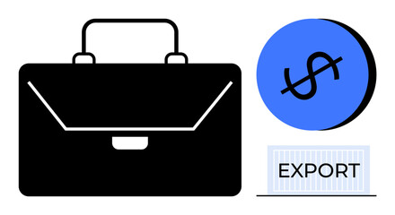 Black briefcase, blue circular dollar sign, and export label. Ideal for business, finance, international trade, logistics, economics entrepreneurship investment. Minimalist abstract line flat