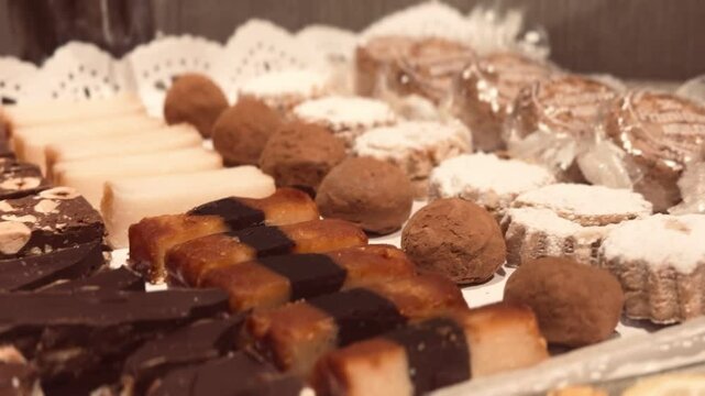 Exquisite Selection of Christmas Nougats on Tray on Decorated Holiday Table.