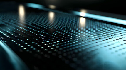 A close-up view of a modern desk surface in a high-tech office, featuring a dark black mesh background with blue accents, creating a sleek and professional atmosphere.

