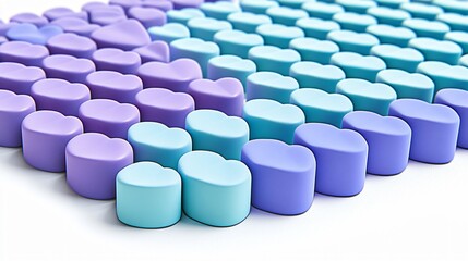 Fototapeta premium Rows of Pastel Blue and Purple Heart Shapes 3D Render