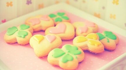 Pastel Heart and Clover Sugar Cookies on Pink Plate
