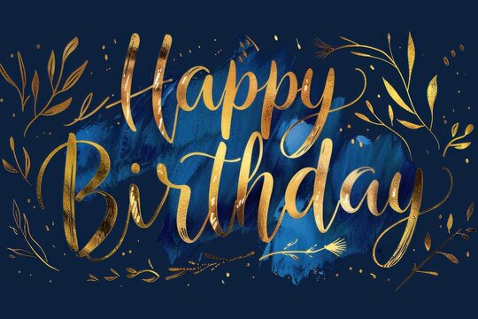 Elegant gold foil birthday greeting with floral accents on blue background