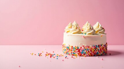 Delicious vanilla cake decorated with colorful sprinkles and swirls of frosting on a pink background
