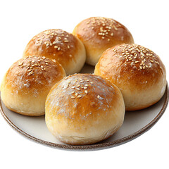 sesame seed buns on plate, golden brown baked goods, closeup