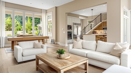Fototapeta premium A modern beige living room with white sofas and a coffee table, featuring light wood flooring