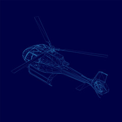 Blue helicopter is shown in a stylized form. The image drawing of a helicopter, with the wings and tail visible. Scene is futuristic and sleek