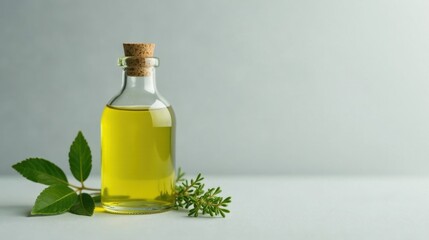A small bottle of yellow essential oil sits on a light surface next to sprigs of fresh herbs