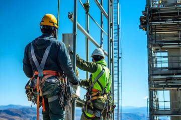 Construction workers equipped with safety harnesses working on a high-altitude industrial project under clear skies