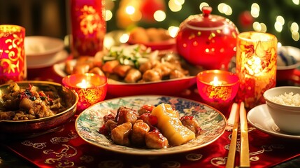 Elegant Dinner Table with Candles, Red and Gold Decorations, Set for a Traditional Chinese New Year Feast