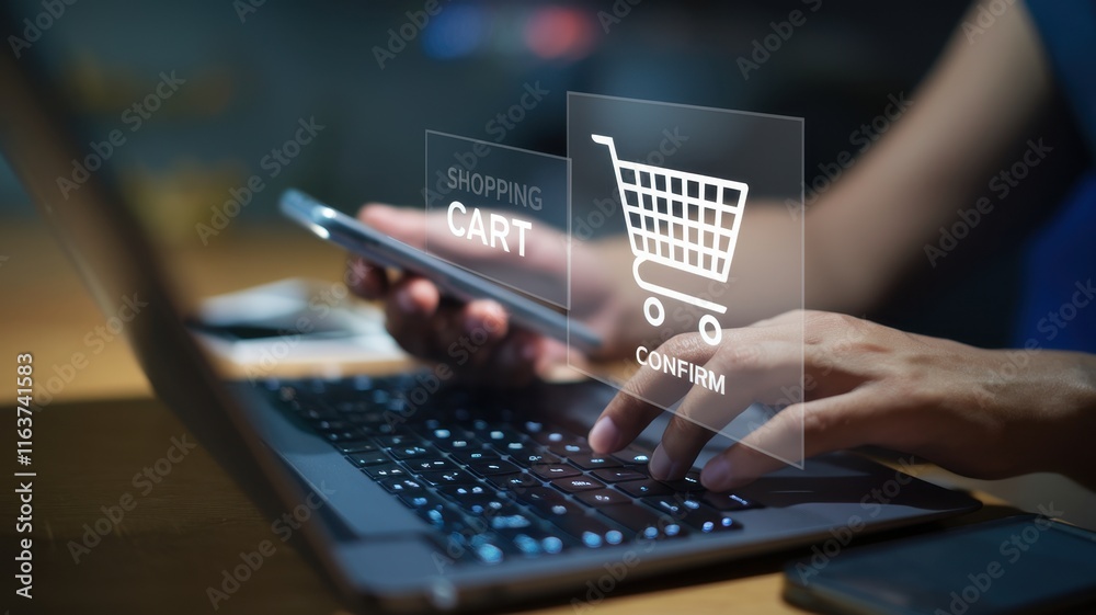 Poster businessman holding smartphone showcasing online shopping interface for marketplace and shopping car