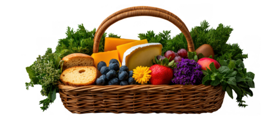 Fresh Produce Basket Filled with Fresh Fruits & Vegetables and Artisanal Cheese