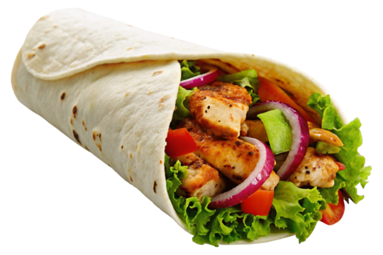 A chicken wrap filled with lettuce and tomatoes,  isolated on transparent background