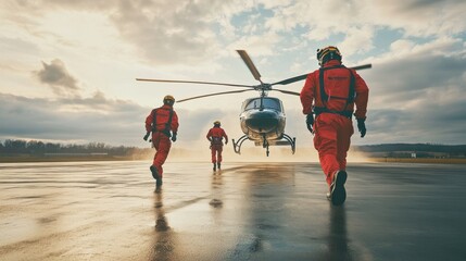 Three rescue team members in bright orange suits sprint toward a helicopter on the wet runway as dark clouds gather above. The sun sets in the background, creating a dramatic sky