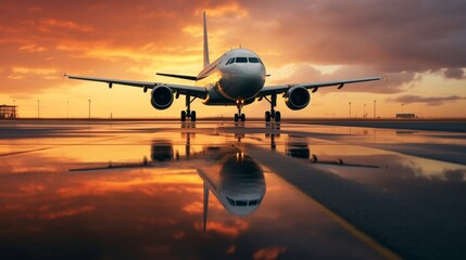 Fototapeta premium An airplane awaits departure on a runway as the sun sets, casting brilliant orange and purple hues across the sky. The wet ground reflects the stunning colors, creating a picturesque scene