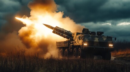 A missile launch vehicle is actively firing in a rugged terrain at dusk. The sky is filled with dark clouds while smoke and fire erupt from the launch, creating a captivating moment