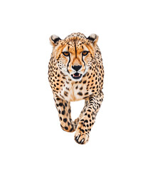 Fototapeta premium Running cheetah front view with focused expression isolated on a transparent background