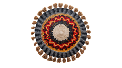 Round oriental carpet with vibrant patterns and tassels isolated on a transparent background