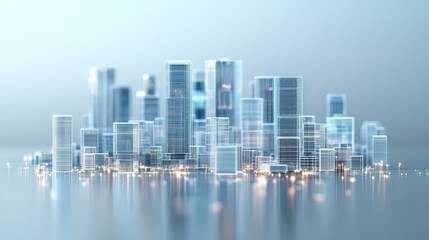 Obraz premium A futuristic cityscape featuring sleek, glass buildings reflecting light, creating a modern and serene urban environment.