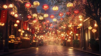 Festive Street Lined with Paper Lanterns, Red and Gold Decorations, and a Vibrant Celebration Atmosphere