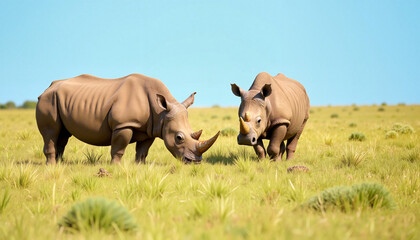 Fototapeta premium Rhinos grazing in a sunny savanna