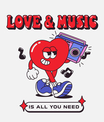 Groovy sticker, poster, print with a cute playful heart with a tape recorder. Love concept. Logo Love and Music. Cheerful happy heart character in trendy retro 70s 80s cartoon style