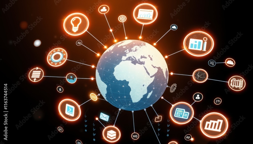 Poster a glowing 3d globe surrounded by interconnected icons representing creativity, research, and product