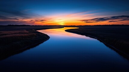 Fototapeta premium A serene river reflects a vibrant sunset, surrounded by tranquil landscapes, showcasing the beauty of nature's colors and calm waters.