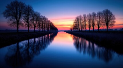 Obraz premium A serene twilight scene featuring a calm river reflecting colorful sunset hues and lined with silhouetted trees.