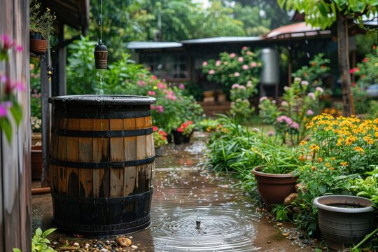 Rainwater collects in a wooden barrel amidst blooming flowers in a lush garden during a rainy afternoon