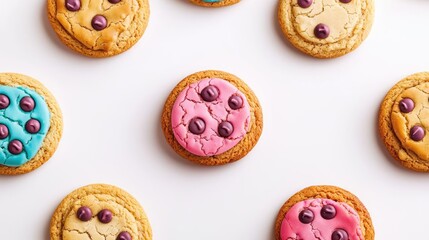 Fototapeta premium Minimal cookies concept. Colorful cookies with vibrant icing and chocolate drops on a light background.