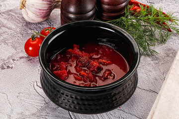 Homemade red soup Borsch with cabbage