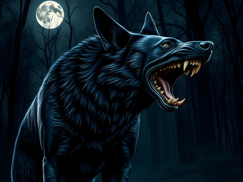 A large black wolf with its mouth open and teeth bared