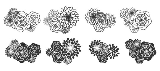 Vector set of black and white doodle flowers