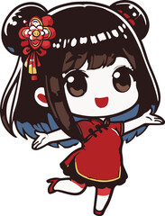Cute girl wear cheongsam, Chinese New Year. Cartoon character, illustration,