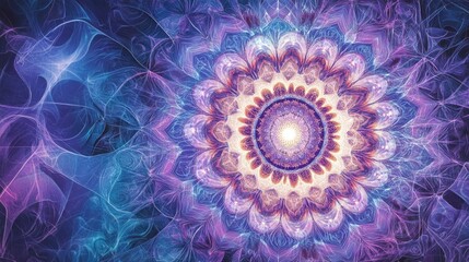 Intricate fractal mandala design, vibrant purple and blue hues, ethereal glowing effect, cosmic flower, spiritual art, meditation background, fantasy artwork.