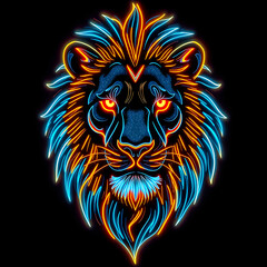 Obraz premium A neon lion with glowing eyes and a blue mane