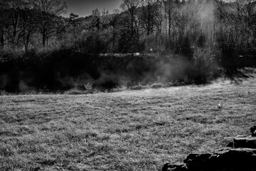 The morning fog rises from the frozen meadows of the karst