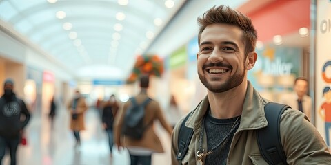 Obraz premium A satisfied man smiles broadly while shopping in a bustling mall. The vibrant environment reflects his cheerful mood, showcasing a lively day of retail therapy
