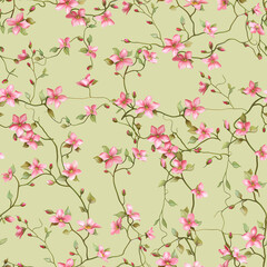 Seamless Pattern Design with Pink Floral Branches and Leaves on a Background &ndash; Perfect for Home Textiles, Fabric Design, Wall Decor, Scrapbooking, Digital Paper, Notebooks, and More
