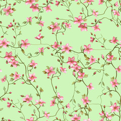 Seamless Pattern Design with Pink Floral Branches and Leaves on a Background &ndash; Perfect for Home Textiles, Fabric Design, Wall Decor, Scrapbooking, Digital Paper, Notebooks, and More