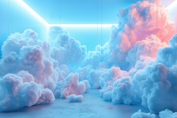 Colorful cloud formations in a bright, surreal space illuminated by pastel lights